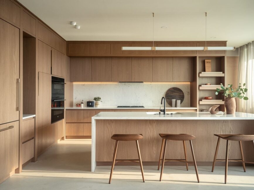 Kuchnia z funkcjonalnymi rozwiązaniami i drewnianymi elementami
